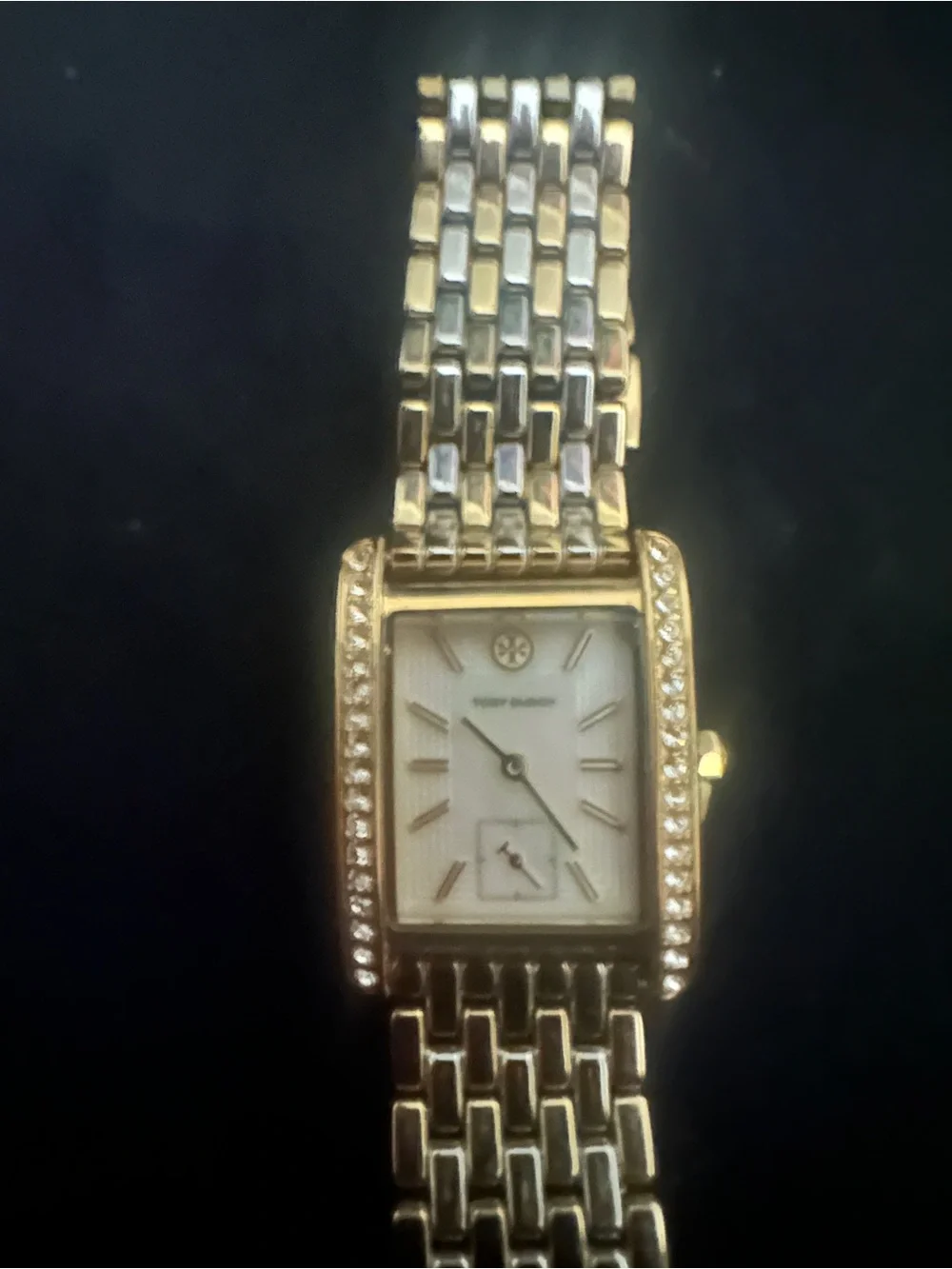 Tory Burch Two-Tone Gold and Silver Crystal-Accent Rectangular Watch